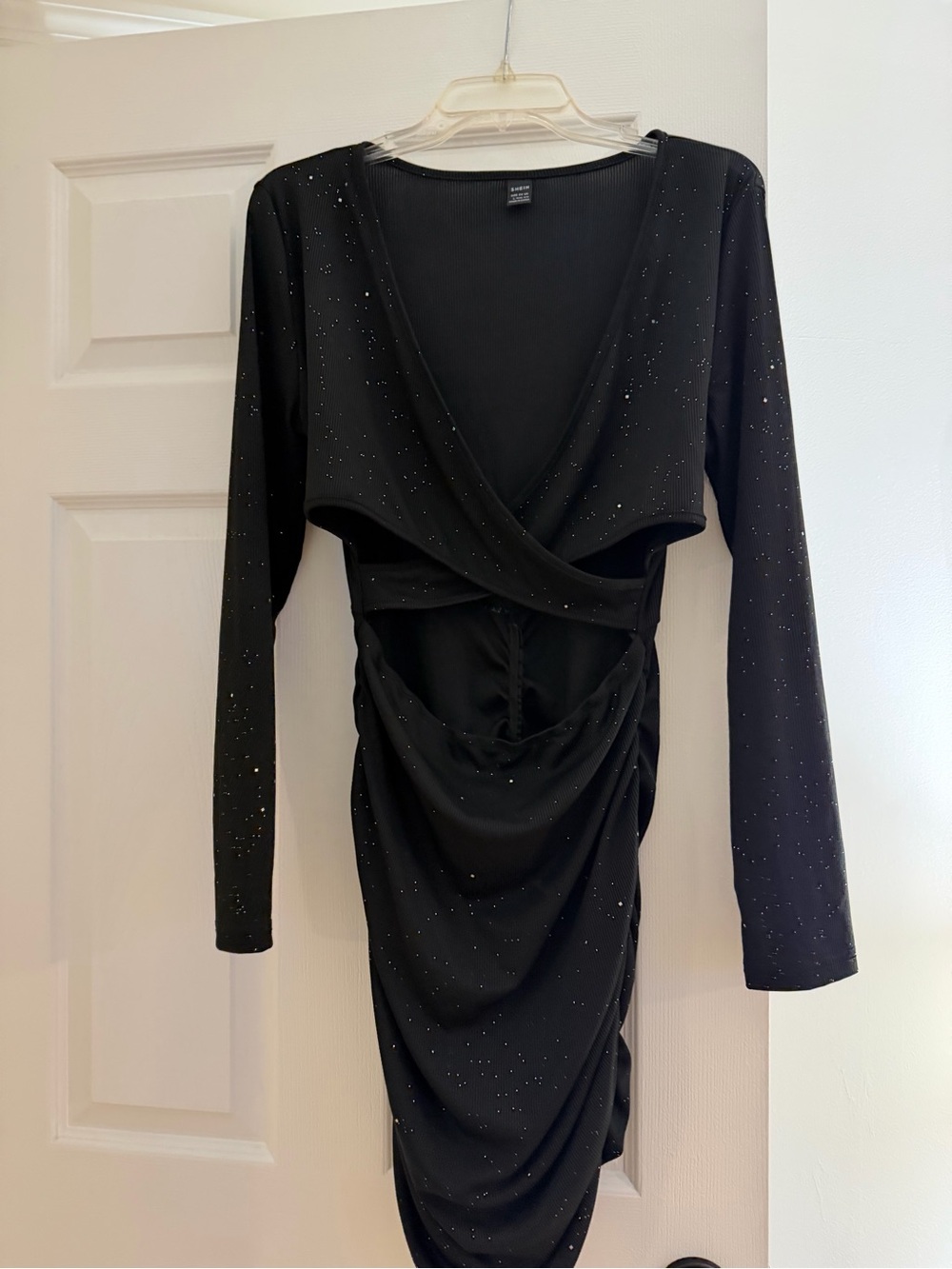 SHEIN Black Long-Sleeve Sparkle Ruched cut out Dress